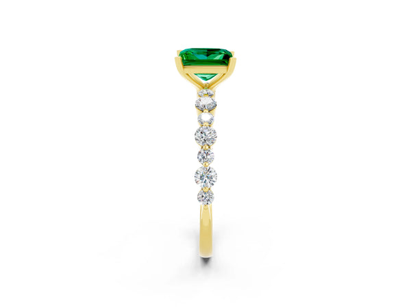 Yellow gold Princess Cut Emerald Prong Set Engagement Ring with Pavé Band