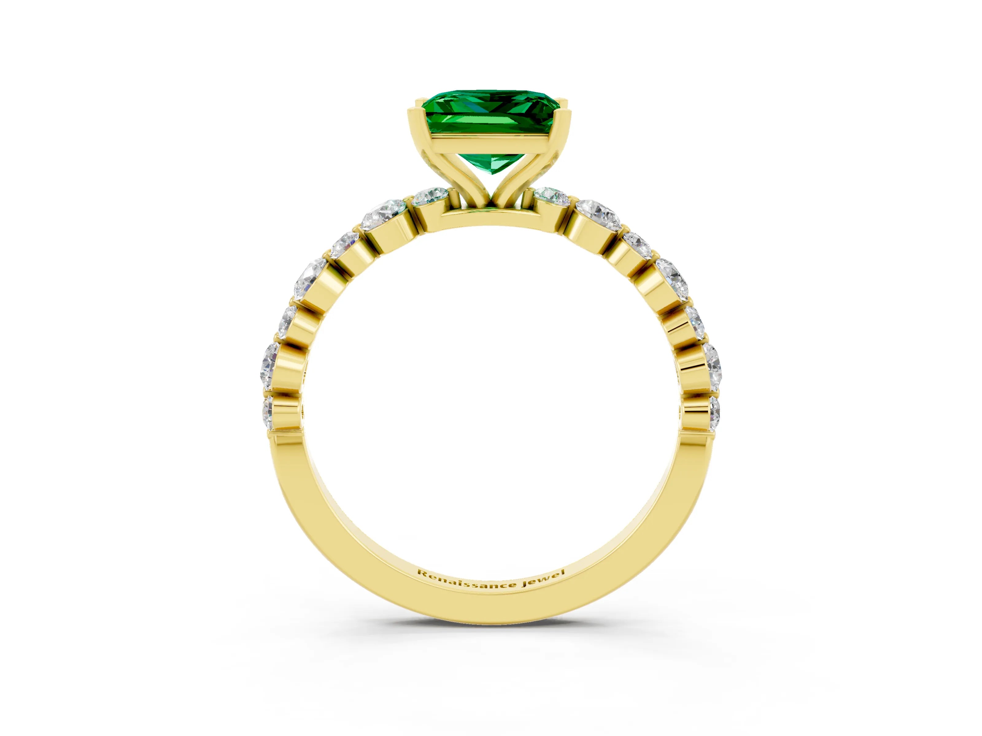 Yellow gold Princess Cut Emerald Prong Set Engagement Ring with Pavé Band_3