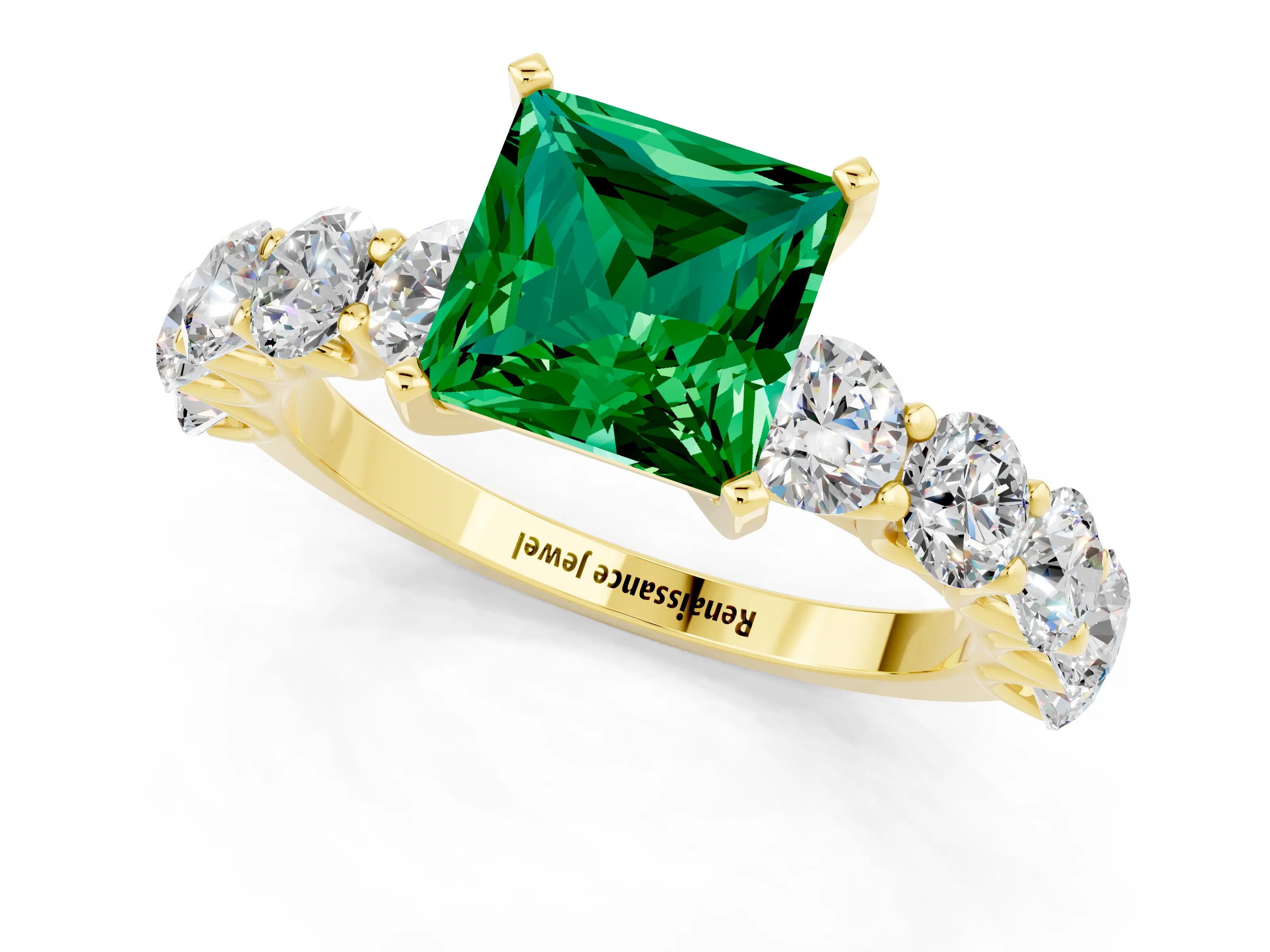 Yellow gold Princess Cut Emerald Prong Setting with Side Stones on a Pave Band_1