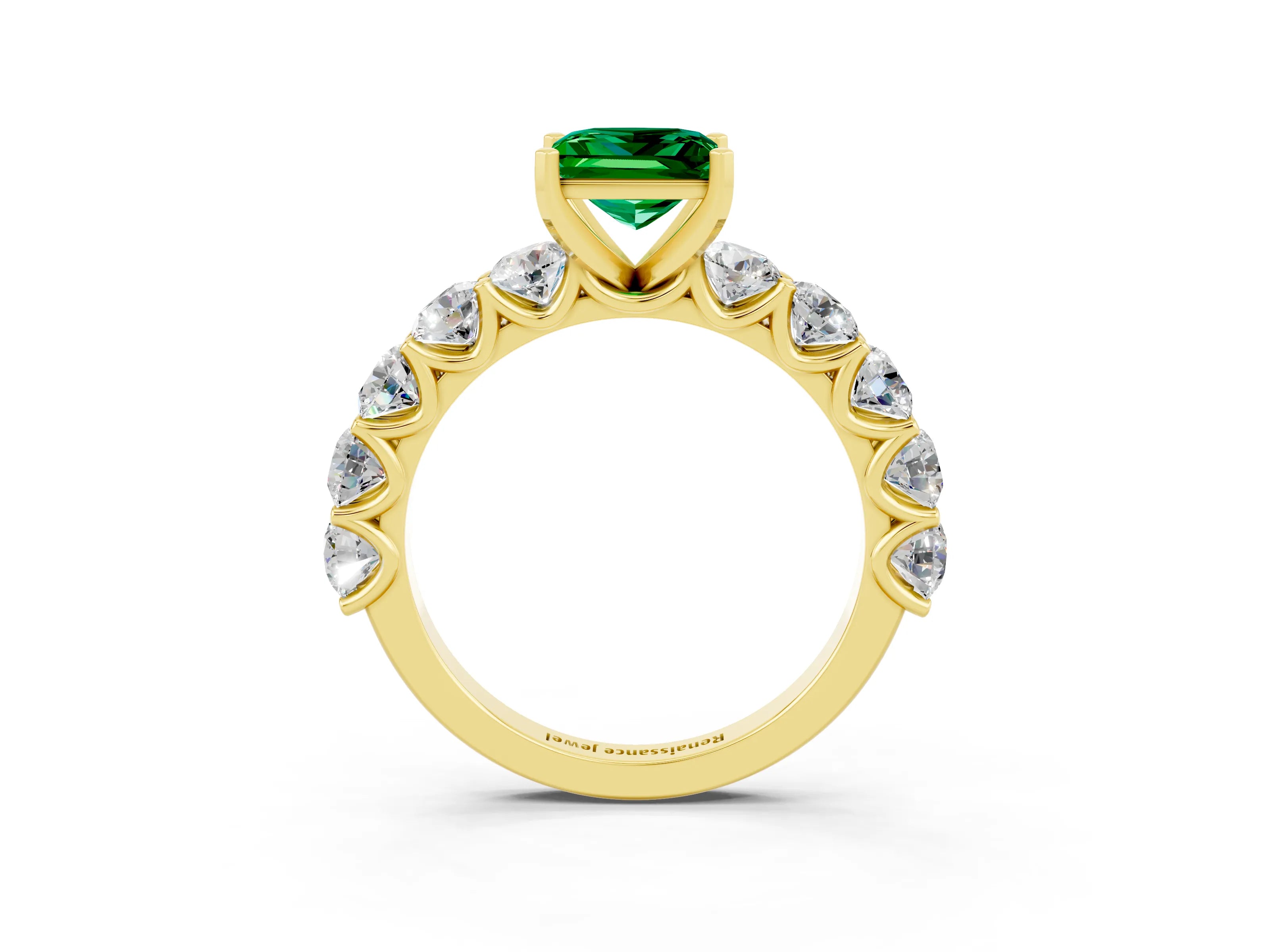 Yellow gold Princess Cut Emerald Prong Setting with Side Stones on a Pave Band_3