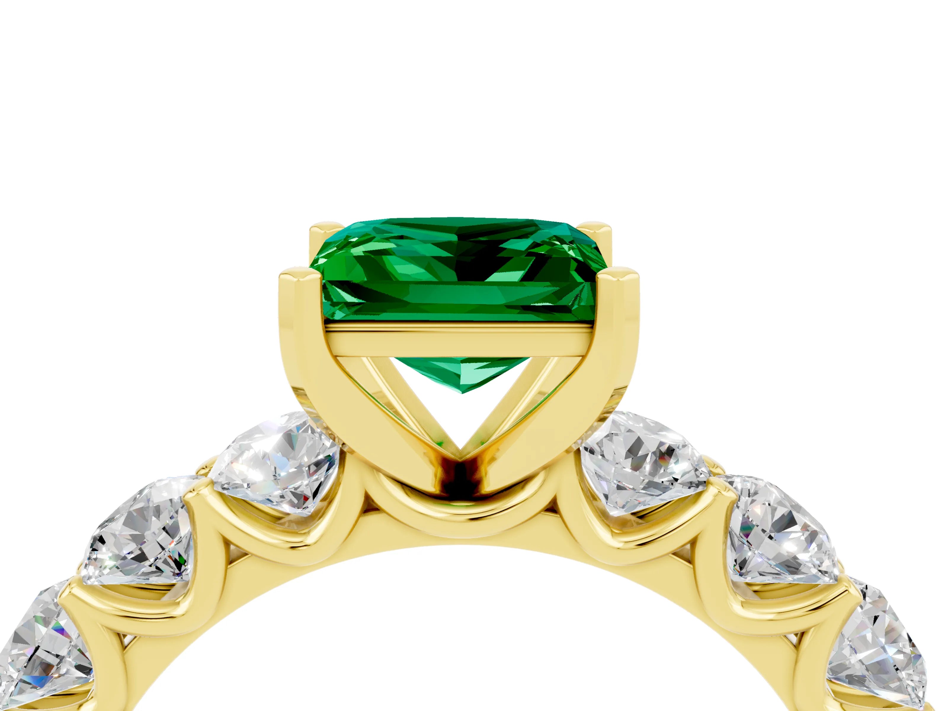 Yellow gold Princess Cut Emerald Prong Setting with Side Stones on a Pave Band_4