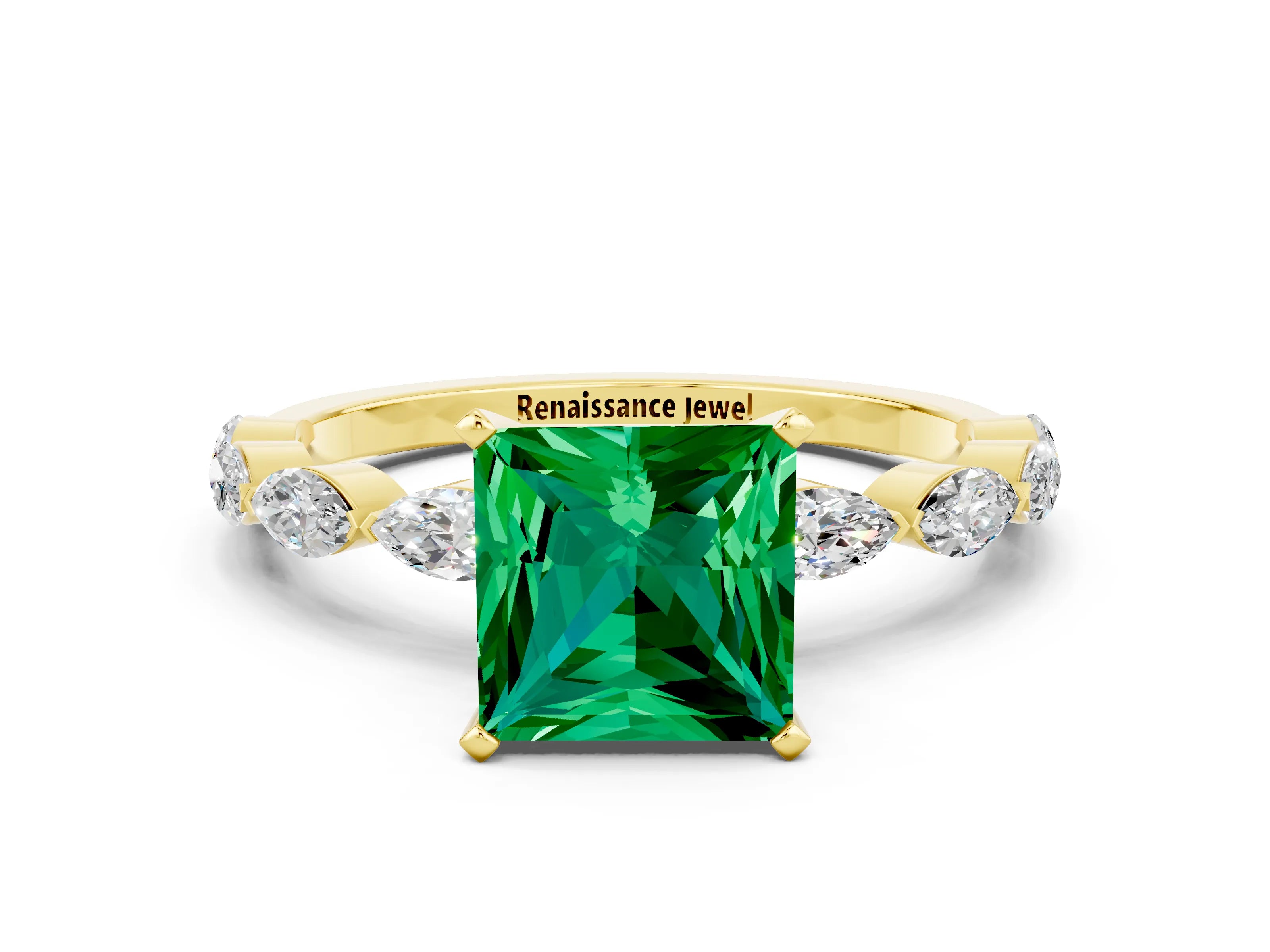 Yellow gold Princess Cut Emerald Ring with Marquise Side Stones and Prong Setting