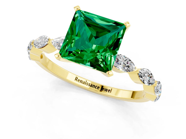 Yellow gold Princess Cut Emerald Ring with Marquise Side Stones and Prong Setting