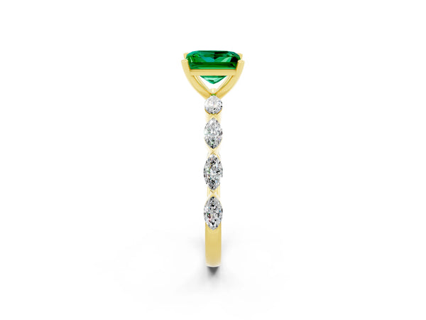Yellow gold Princess Cut Emerald Ring with Marquise Side Stones and Prong Setting