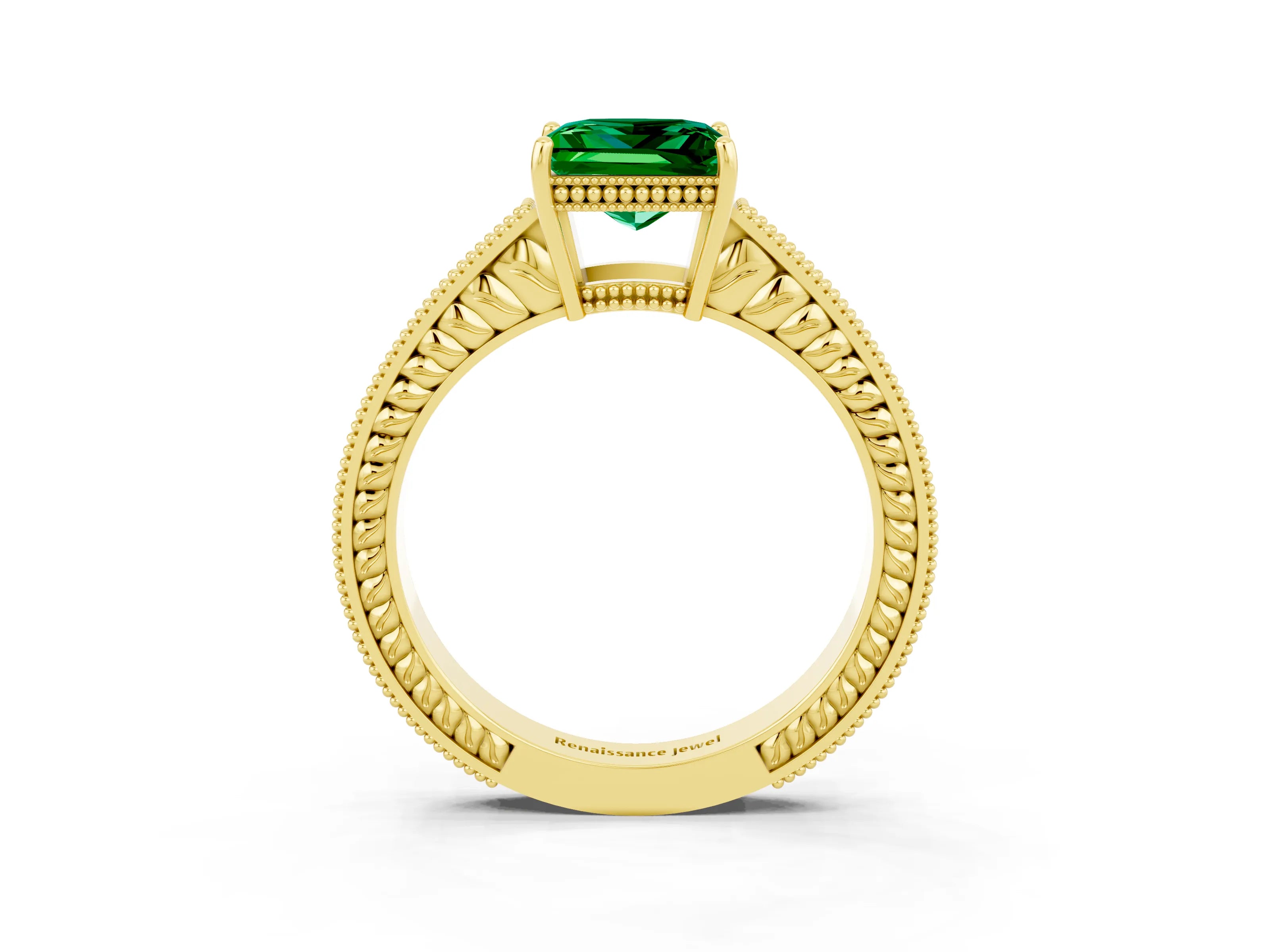 Yellow gold Princess Cut Emerald Ring with Milgrain Pavé Band and Four-Prong Setting_15