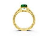 Yellow gold Princess Cut Emerald Ring with Milgrain Pavé Band and Four-Prong Setting_15