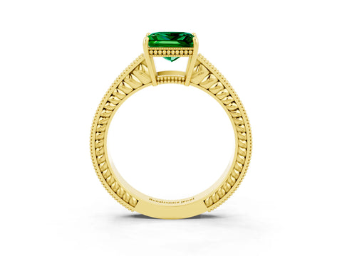 Yellow gold Princess Cut Emerald Ring with Milgrain Pavé Band and Four-Prong Setting_15