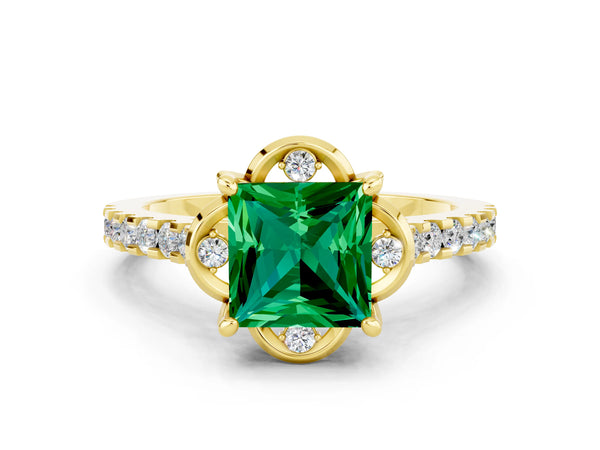 Yellow gold Princess Cut Emerald Ring with Pavé Band and Floral Prong Setting