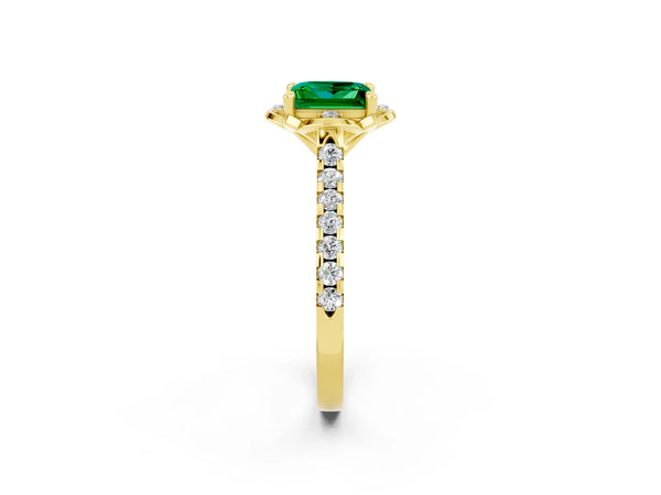 Yellow gold Princess Cut Emerald Ring with Pavé Band and Floral Prong Setting
