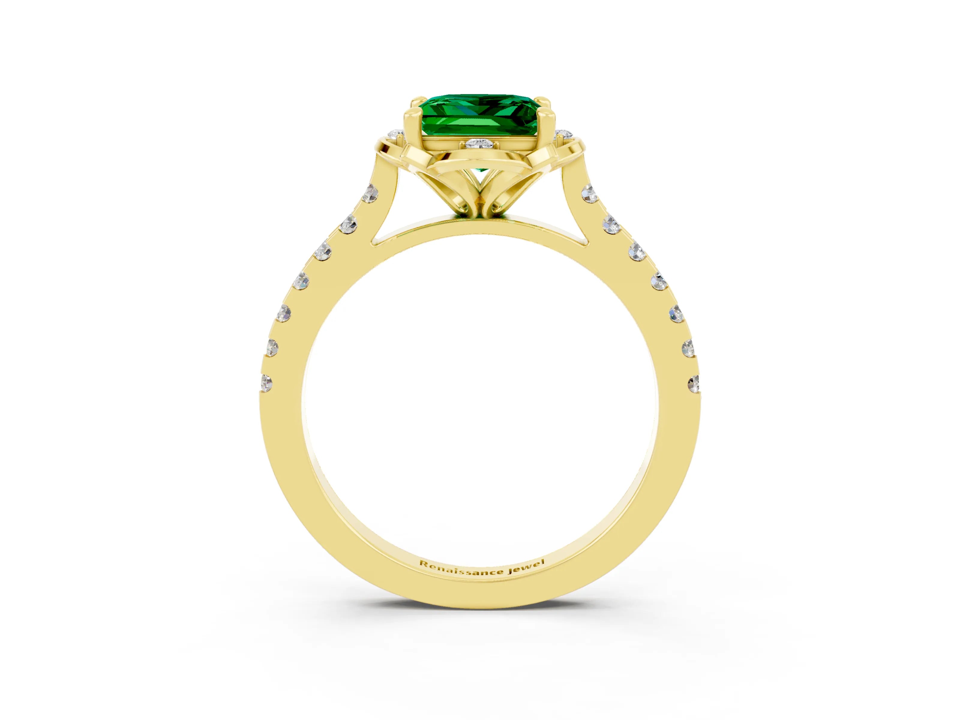 Yellow gold Princess Cut Emerald Ring with Pavé Band and Floral Prong Setting_3