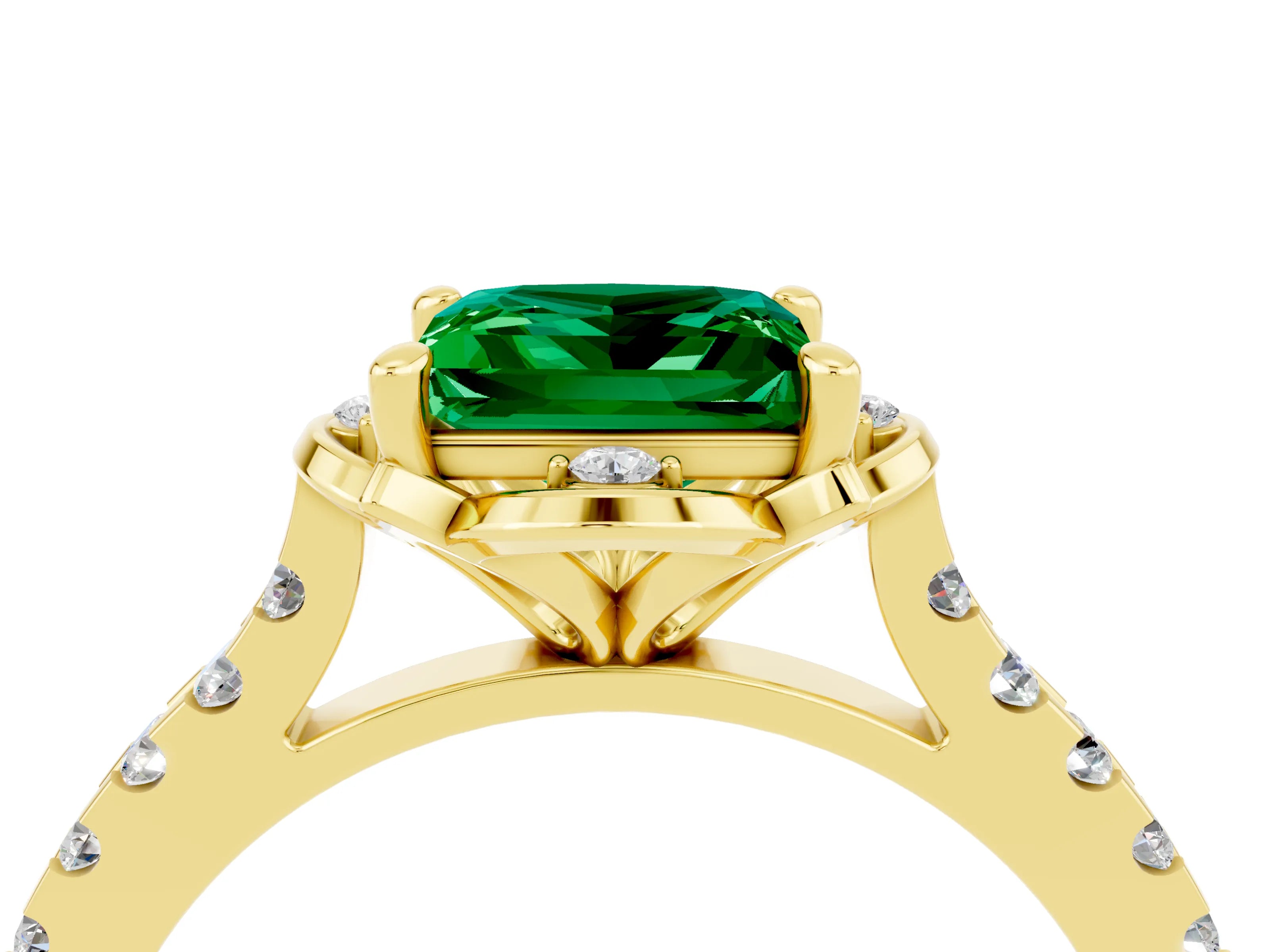 Yellow gold Princess Cut Emerald Ring with Pavé Band and Floral Prong Setting_4