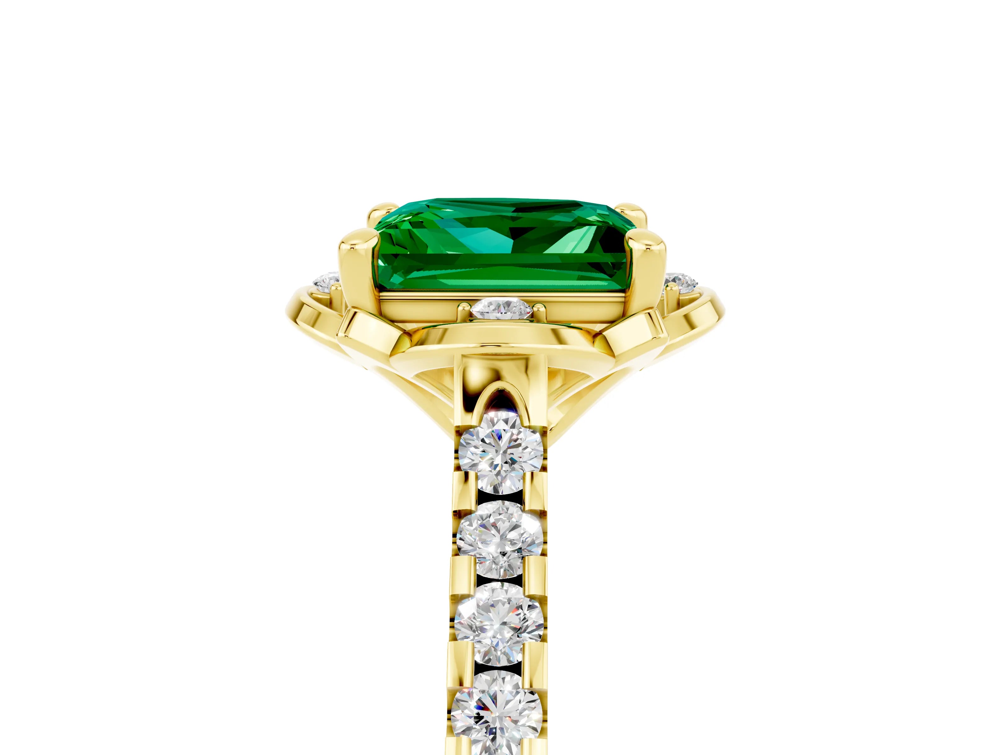 Yellow gold Princess Cut Emerald Ring with Pavé Band and Floral Prong Setting_5