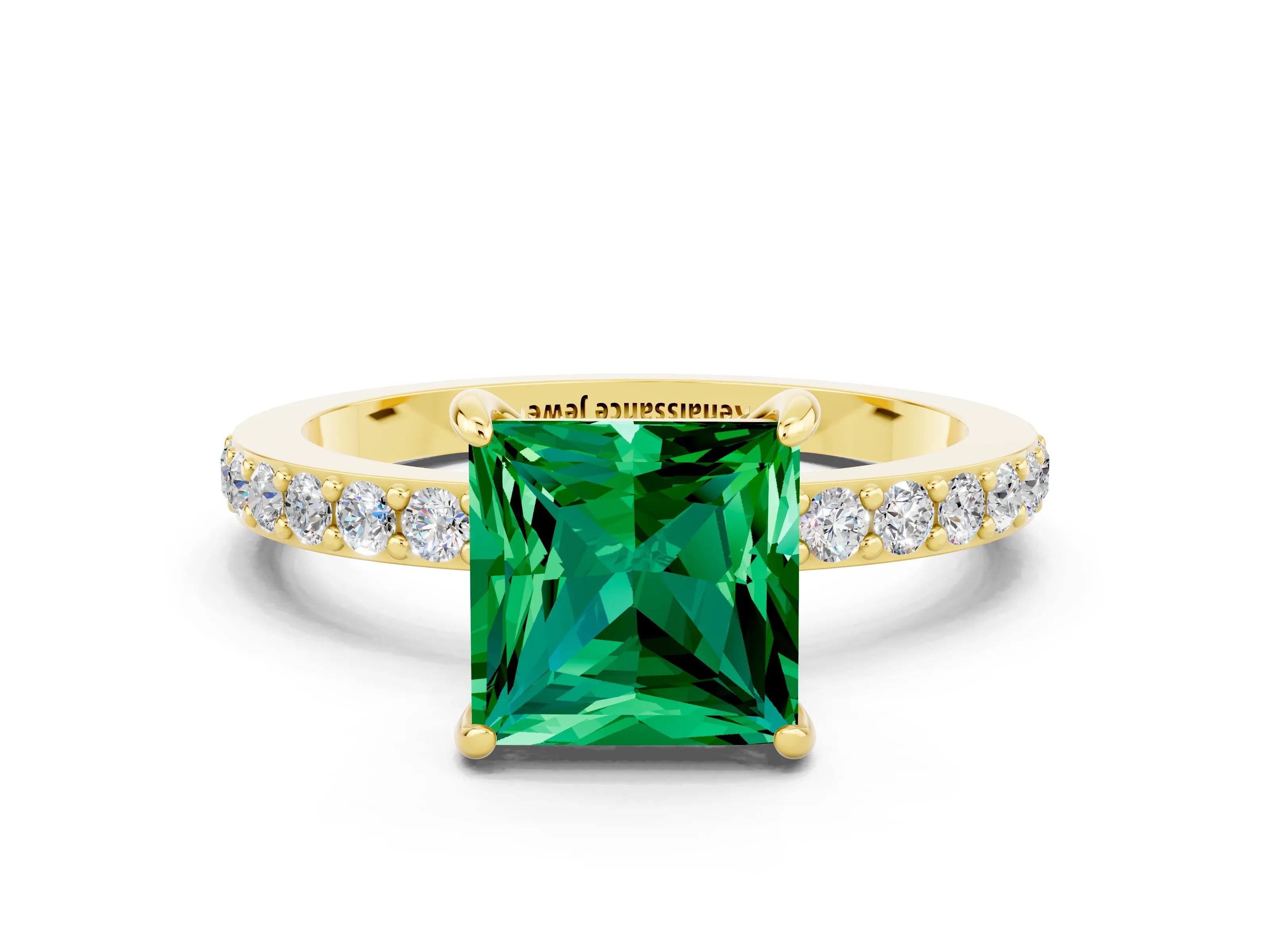 Yellow gold Princess Cut Emerald Ring with Pavé Band and Four-Prong Setting