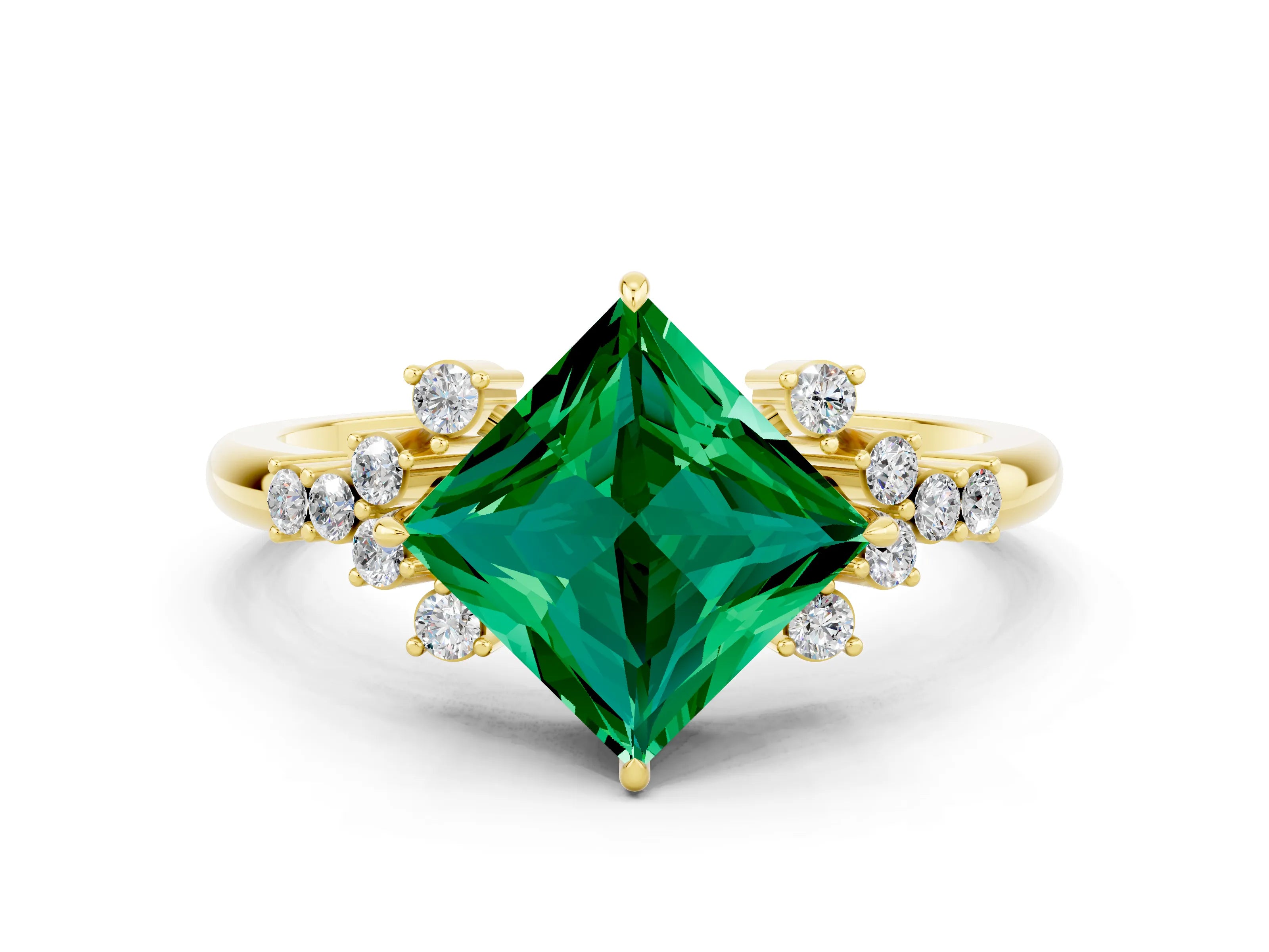 Yellow gold Princess Cut Emerald Ring with Side Stones and Four-Prong Setting_36
