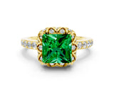 Yellow gold Princess Cut Emerald Scalloped Halo Engagement Ring with Round Shared Prong Band_12