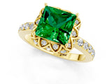 Yellow gold Princess Cut Emerald Scalloped Halo Engagement Ring with Round Shared Prong Band_13