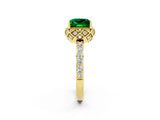 Yellow gold Princess Cut Emerald Scalloped Halo Engagement Ring with Round Shared Prong Band_14