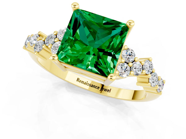 Yellow gold Princess Cut Emerald Scattered Round Accent Ring with Prong Setting