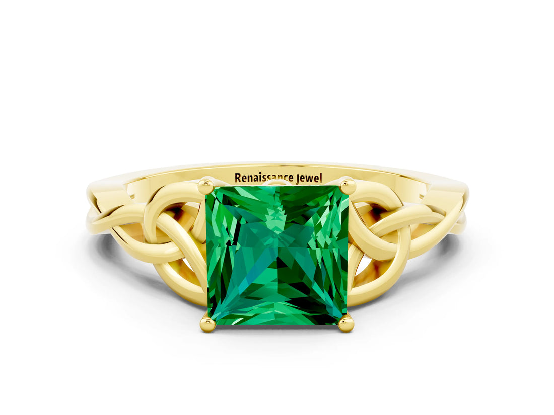Yellow gold Princess Cut Emerald Solitaire Celtic Knot Ring with Four-Prong Setting_12
