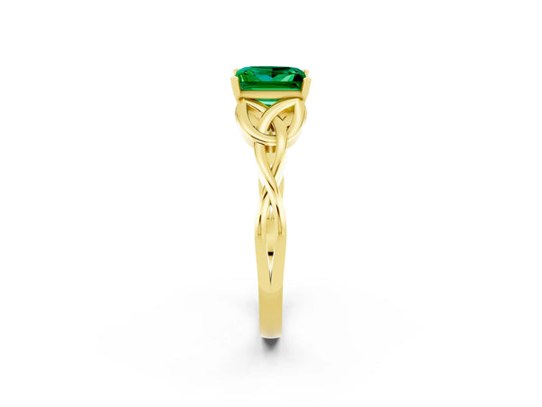 Yellow gold Princess Cut Emerald Solitaire Celtic Knot Ring with Four-Prong Setting