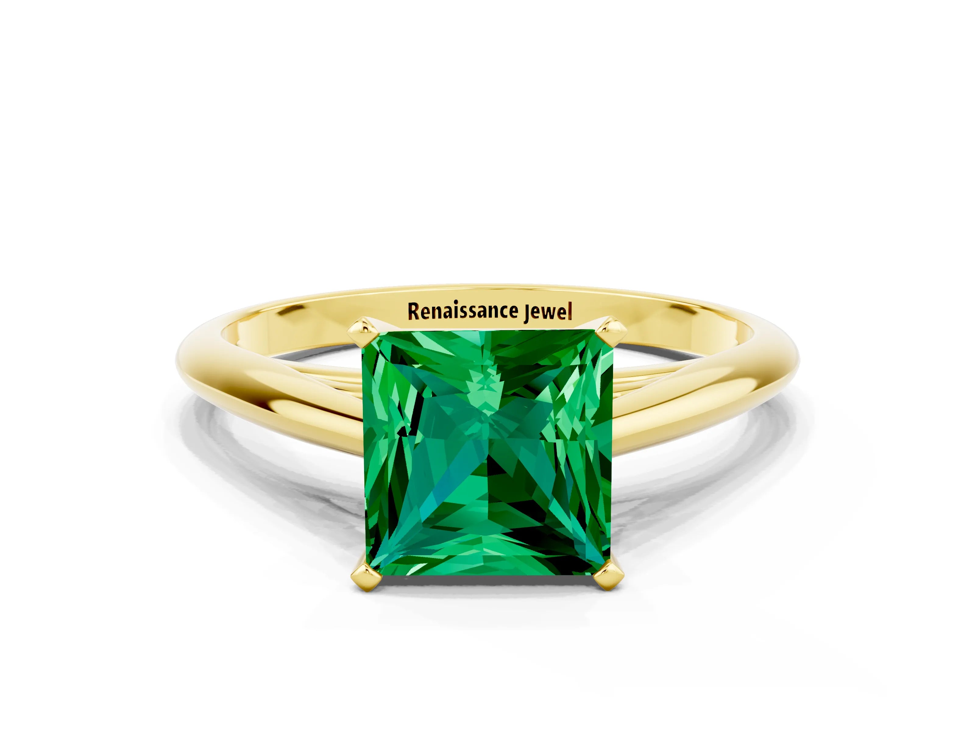 Yellow gold Princess Cut Emerald Solitaire Engagement Ring with Cathedral Setting and Four-Prong Mount_12