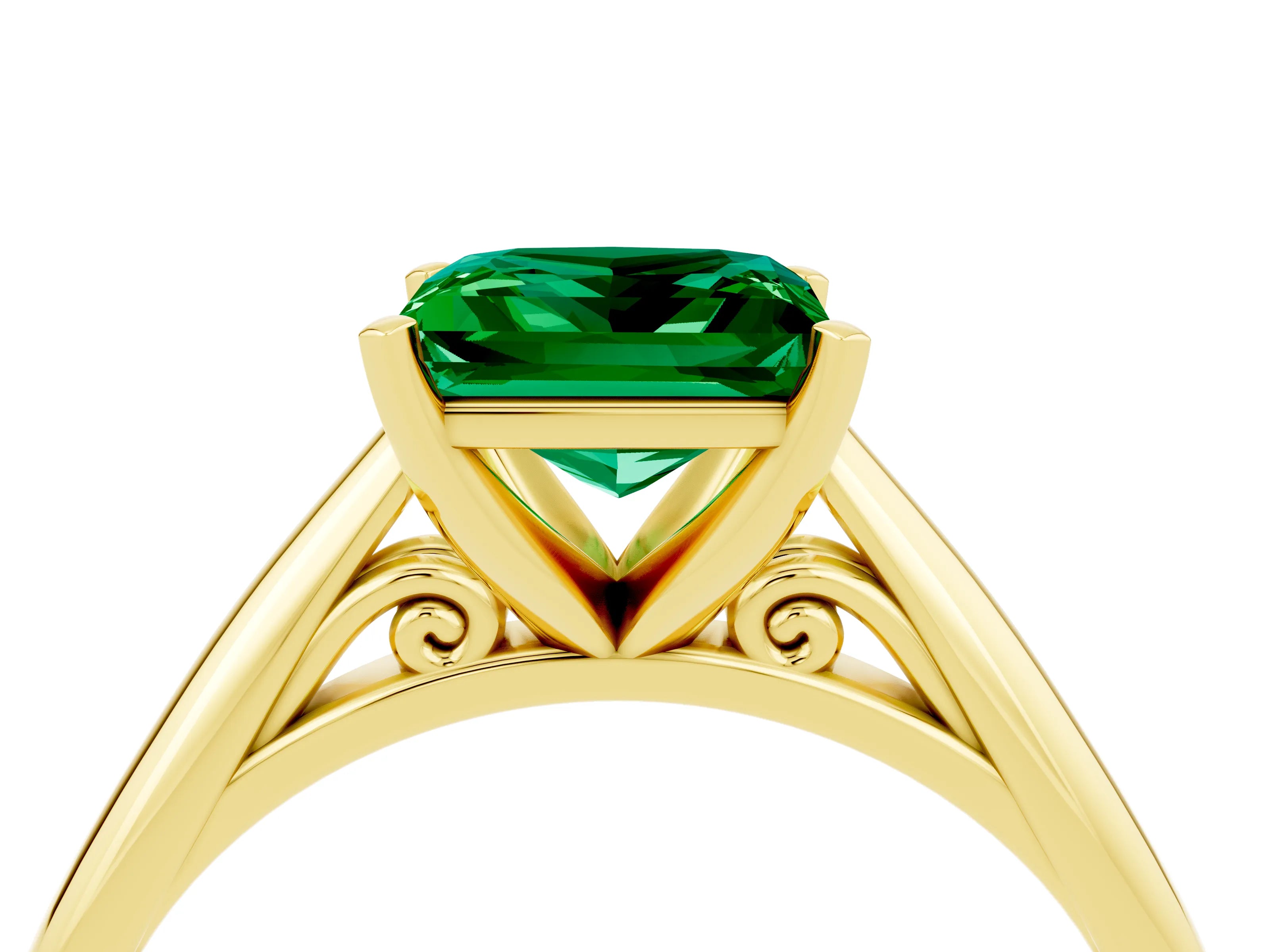 Yellow gold Princess Cut Emerald Solitaire Engagement Ring with Cathedral Setting and Four-Prong Mount_16