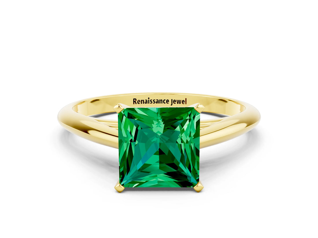 Yellow gold Princess Cut Emerald Solitaire Engagement Ring with Cathedral Setting and Four-Prong Mount_18