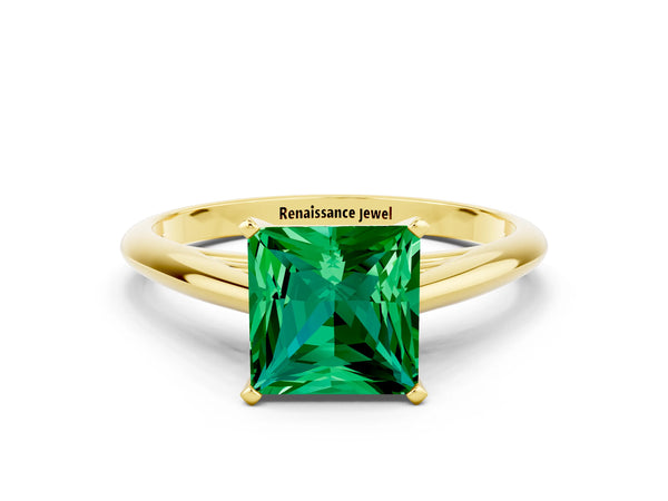 Yellow gold Princess Cut Emerald Solitaire Engagement Ring with Cathedral Setting and Four-Prong Mount