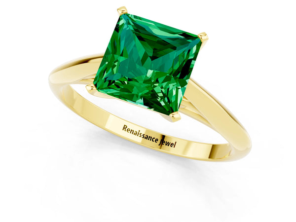 Yellow gold Princess Cut Emerald Solitaire Engagement Ring with Cathedral Setting and Four-Prong Mount