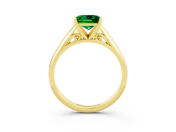 Yellow gold Princess Cut Emerald Solitaire Engagement Ring with Cathedral Setting and Four-Prong Mount