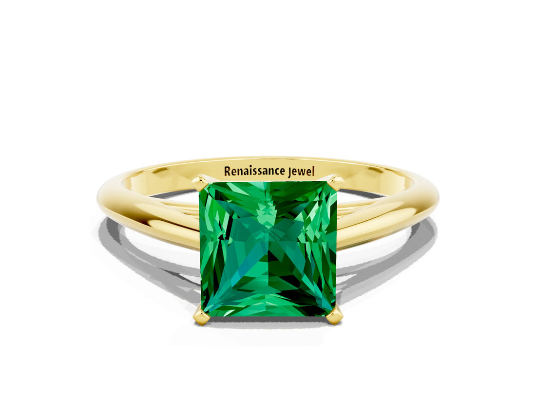 Yellow gold Princess Cut Emerald Solitaire Engagement Ring with Cathedral Setting and Four-Prong Mount_66