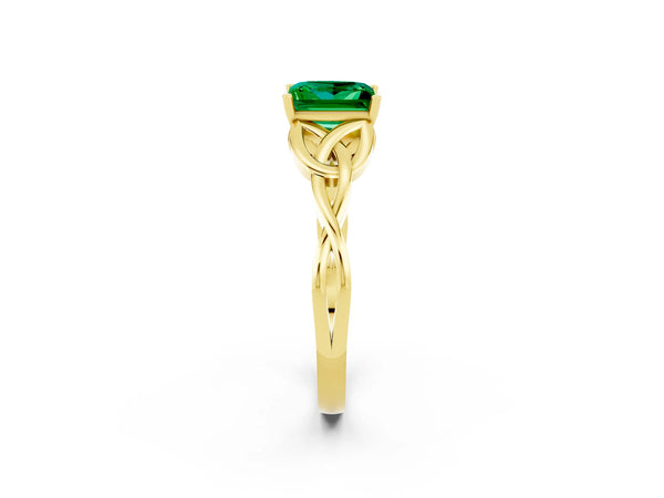 Yellow gold Princess Cut Emerald Solitaire Engagement Ring with Celtic Knot Band and Four-Prong Setting