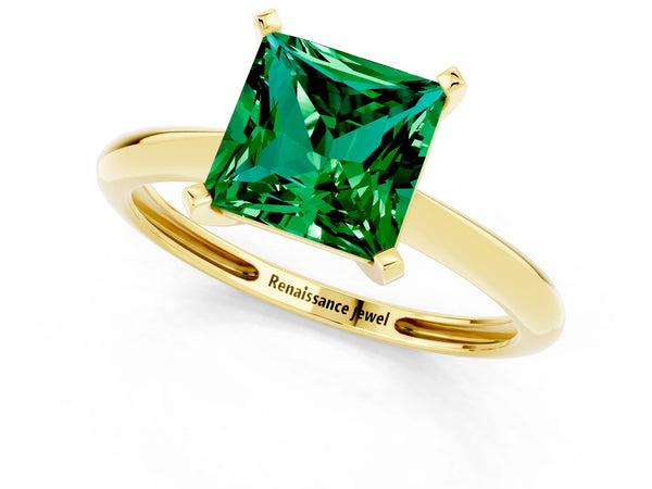 Yellow gold Princess Cut Emerald Solitaire Engagement Ring with Classic Band and Four-Prong Setting