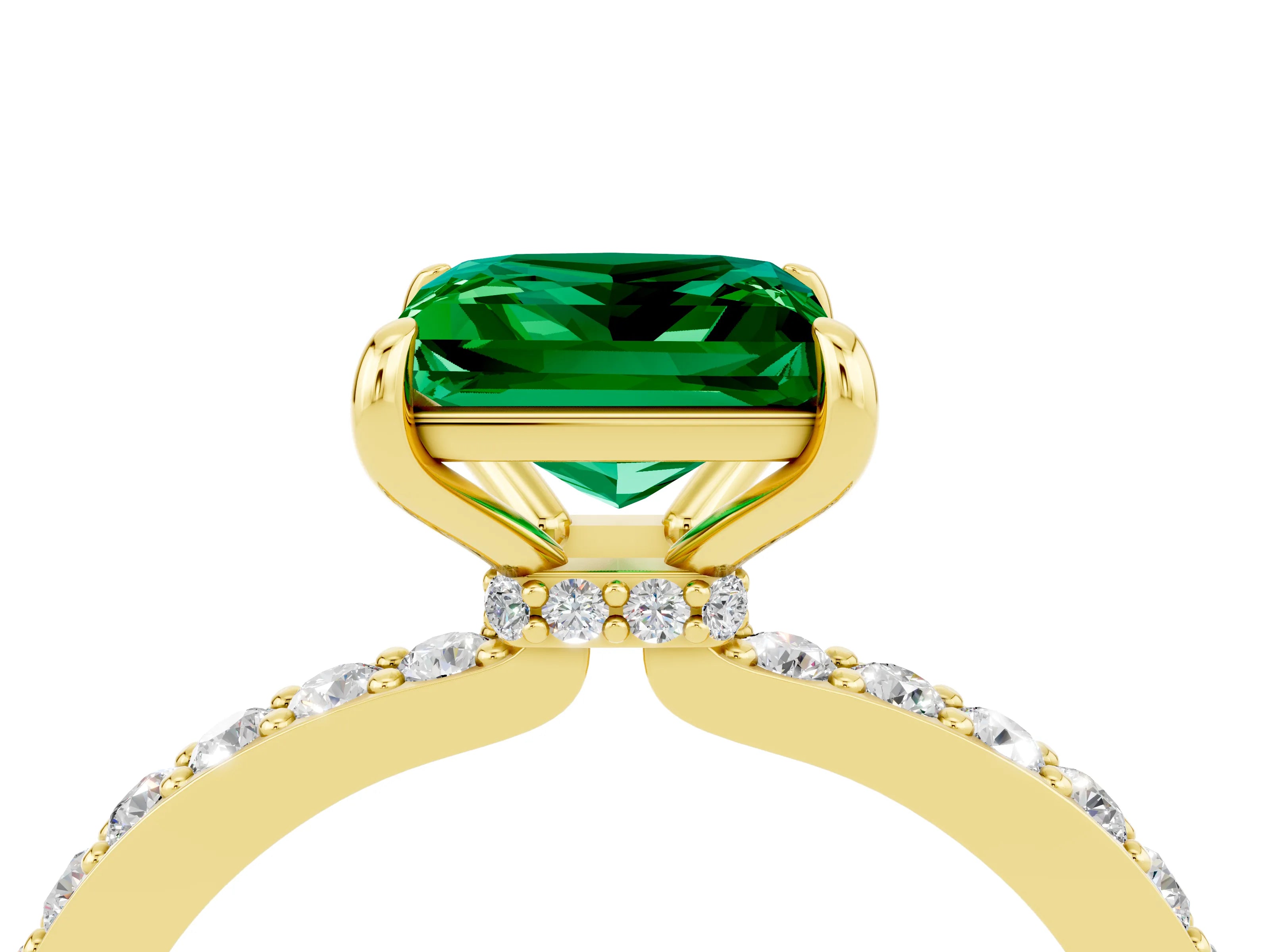 Yellow gold Princess Cut Emerald Solitaire Engagement Ring with Pavé Band and Four-Prong Setting_4