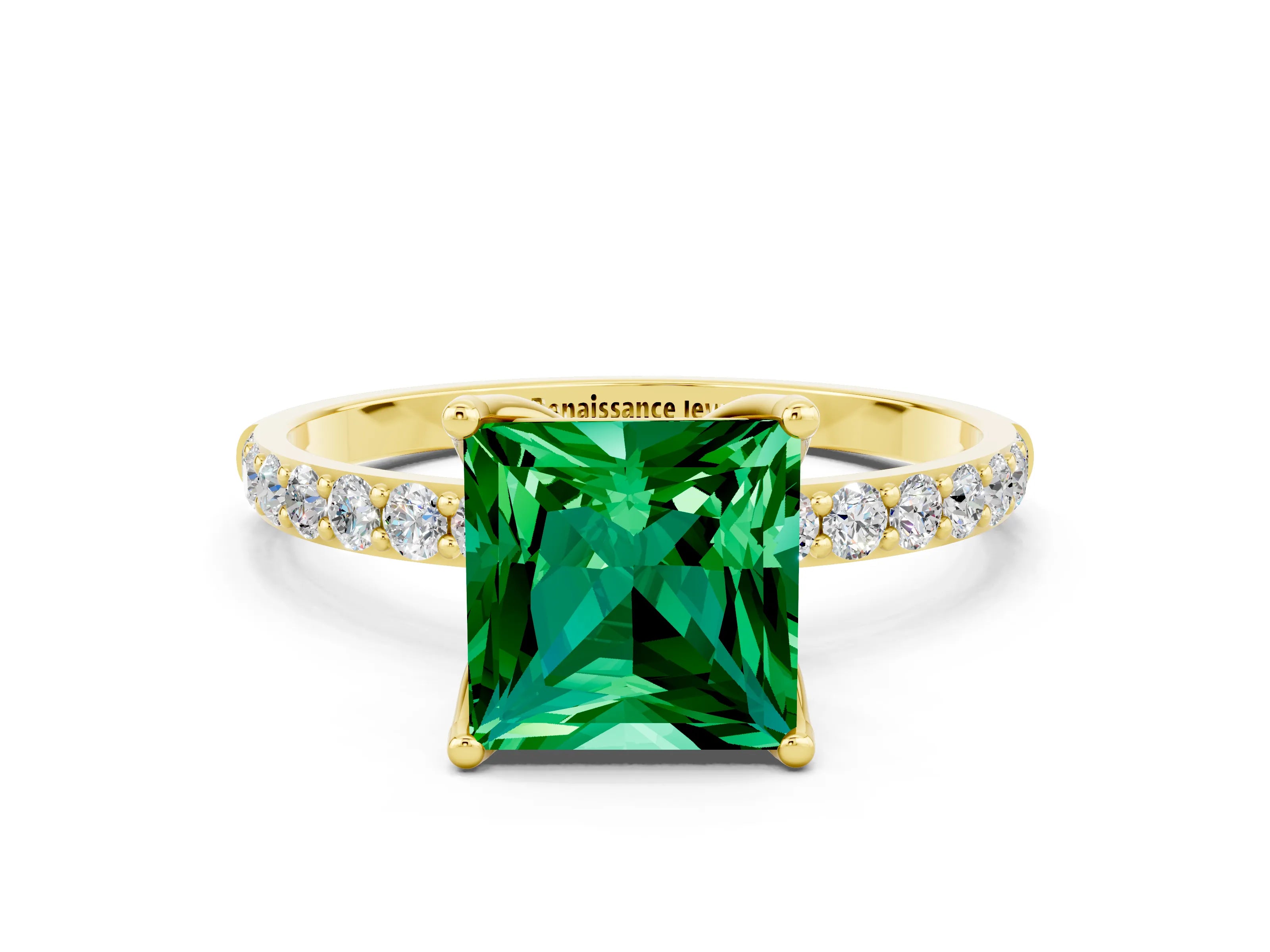 Yellow gold Princess Cut Emerald Solitaire Engagement Ring with Pavé Band and Prong Setting