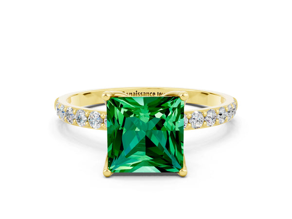 Yellow gold Princess Cut Emerald Solitaire Engagement Ring with Round  Pavé Band and Prong Setting