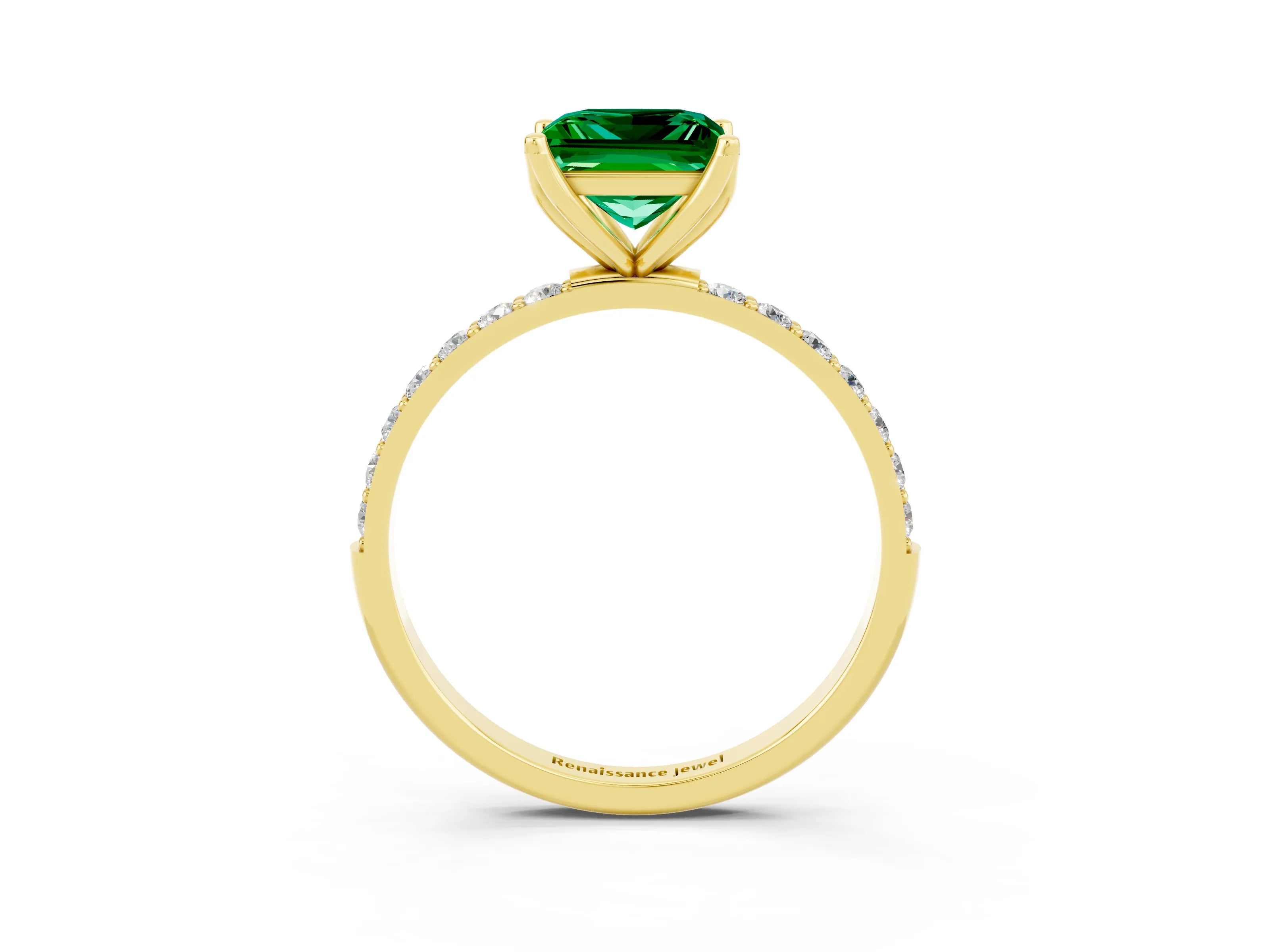 Yellow gold Princess Cut Emerald Solitaire Engagement Ring with Pavé Band and Prong Setting_3