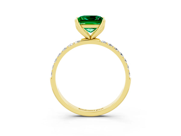 Yellow gold Princess Cut Emerald Solitaire Engagement Ring with Round  Pavé Band and Prong Setting