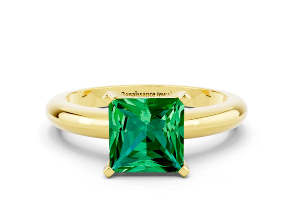 Yellow gold Princess Cut Emerald Solitaire Engagement Ring with Round Band and Four-Prong Setting