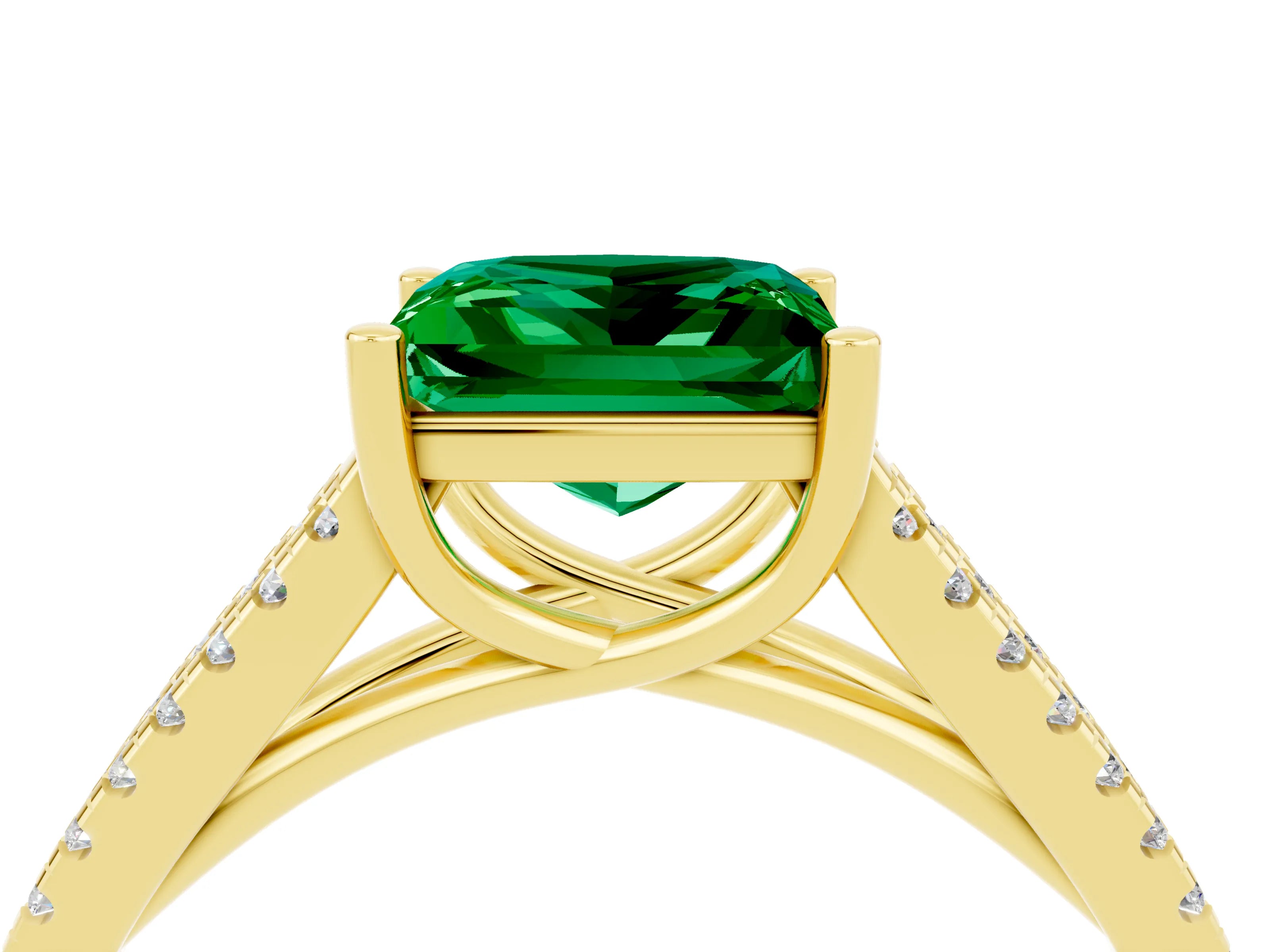 Yellow gold Princess Cut Emerald Solitaire Engagement Ring with Split Shank Pavé Band_4