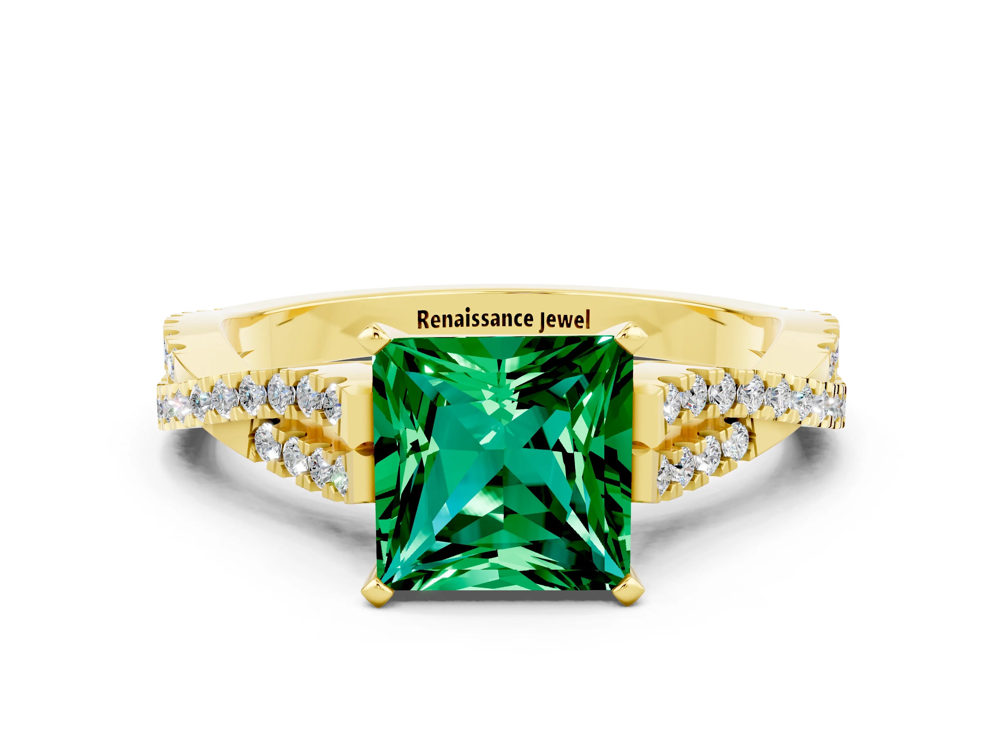 Yellow gold Princess Cut Emerald Solitaire Engagement Ring with Twisted Pavé Band and Four-Prong Setting_12