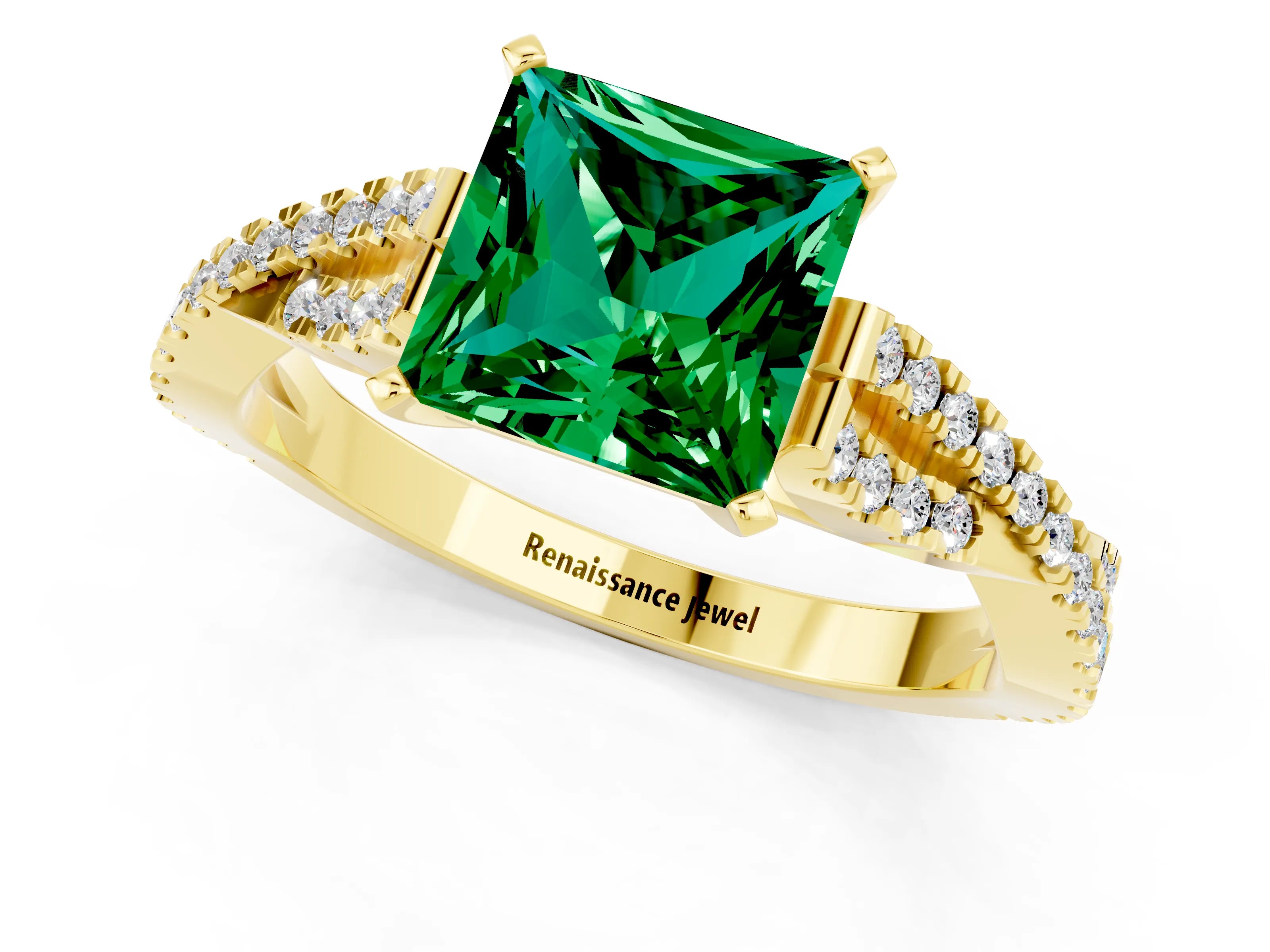 Yellow gold Princess Cut Emerald Solitaire Engagement Ring with Twisted Pavé Band and Four-Prong Setting_13