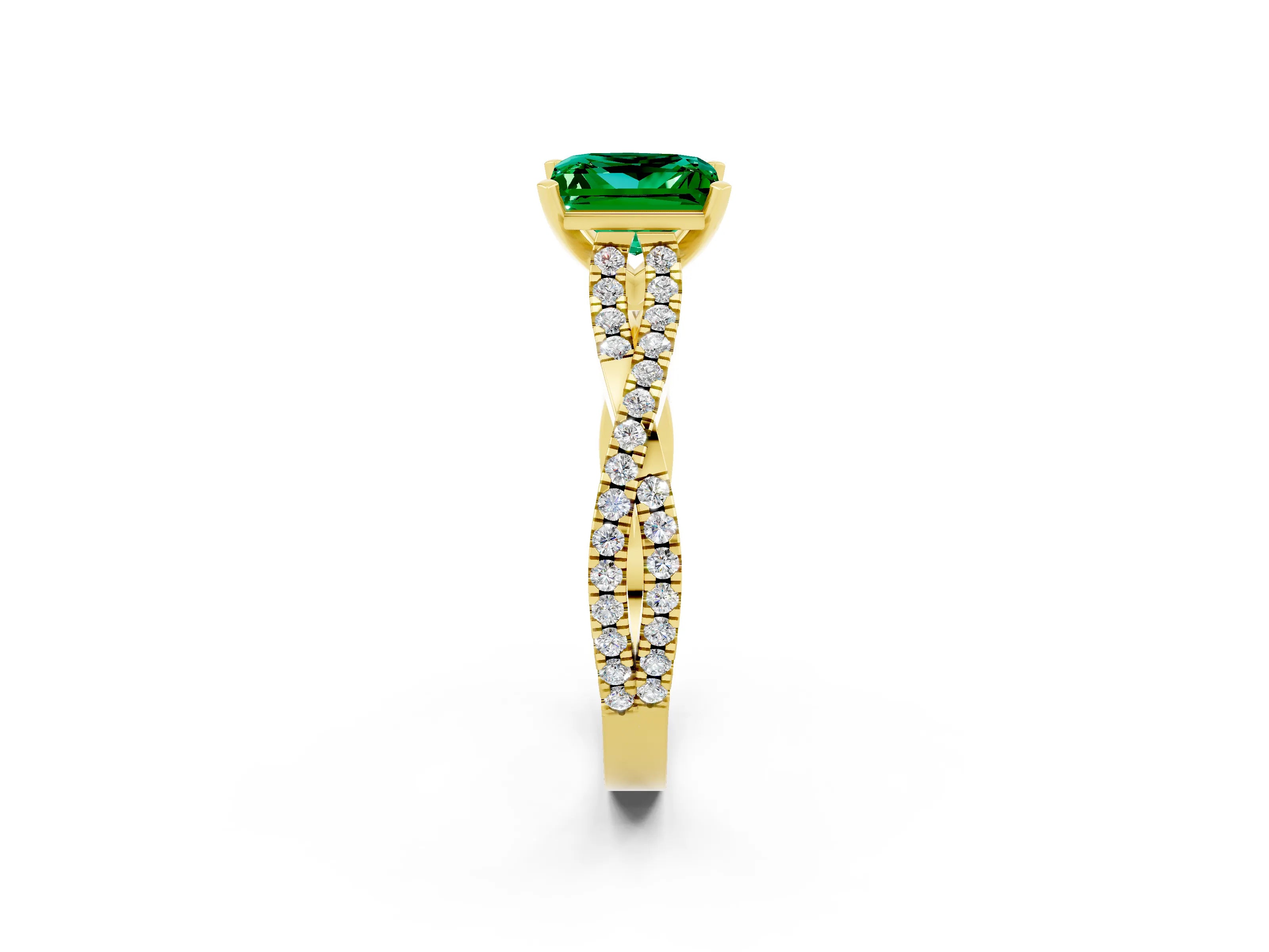 Yellow gold Princess Cut Emerald Solitaire Engagement Ring with Twisted Pavé Band and Four-Prong Setting_14