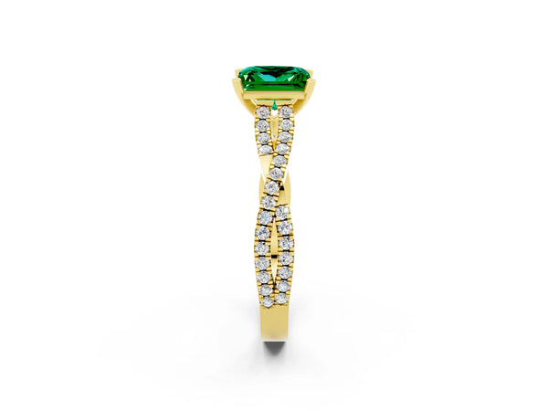 Yellow gold Princess Cut Emerald Solitaire Engagement Ring with Twisted Pavé Band and Four-Prong Setting