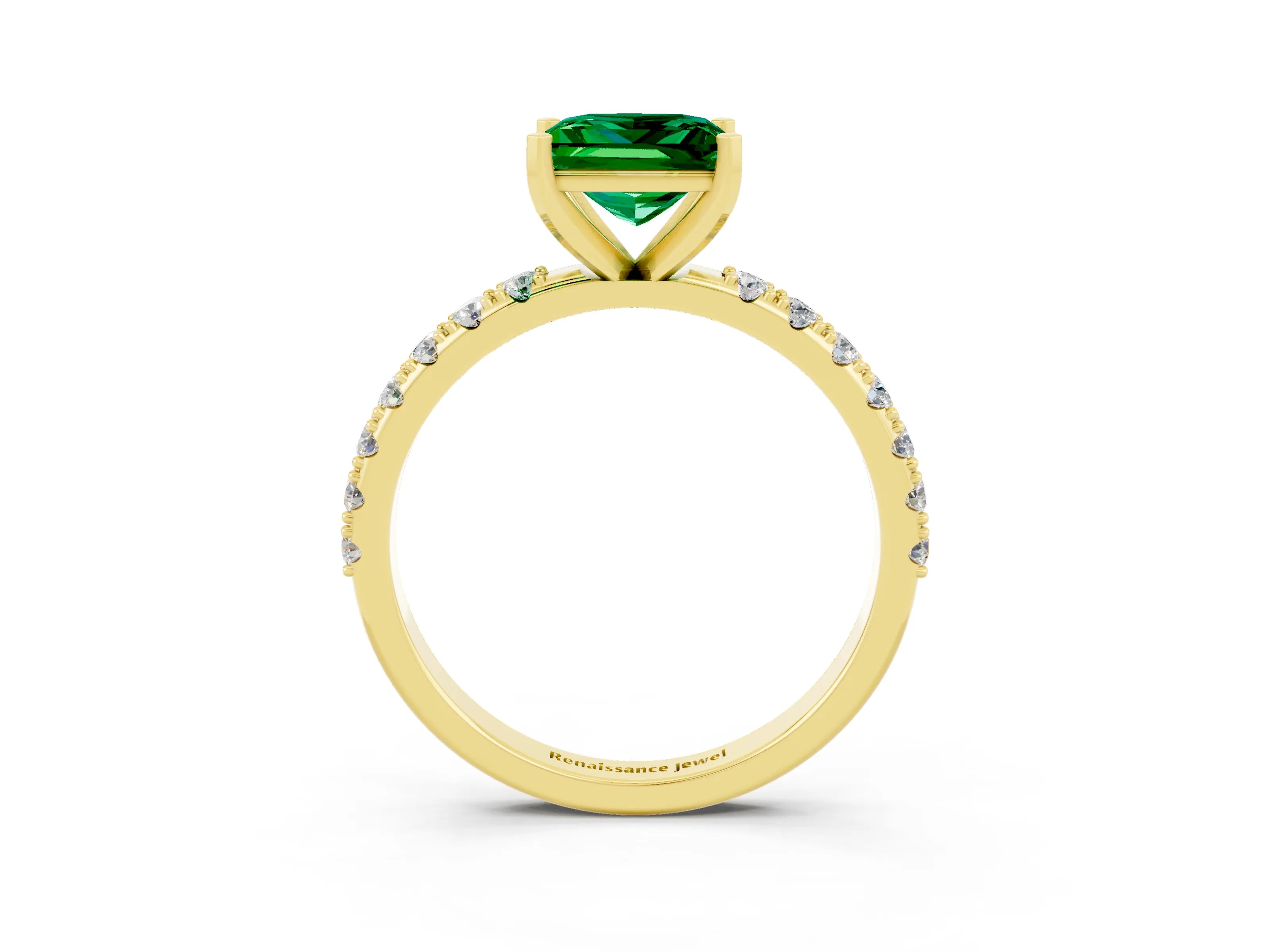 Yellow gold Princess Cut Emerald Solitaire Pavé Band with Four-Prong Setting_3