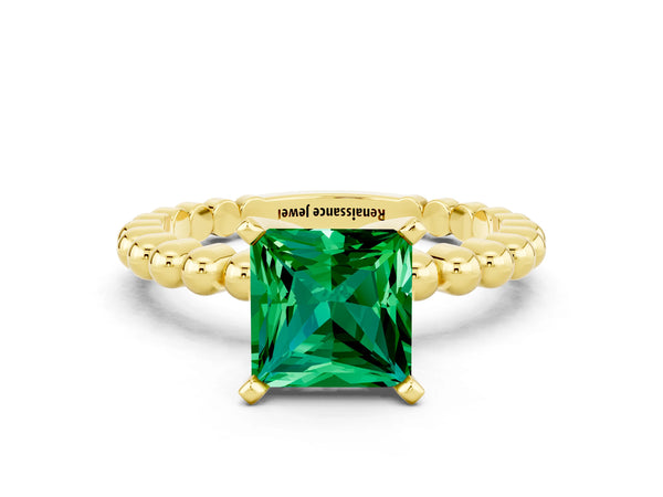 Yellow gold Princess Cut Emerald Solitaire Ring with Beaded Band and Prong Setting