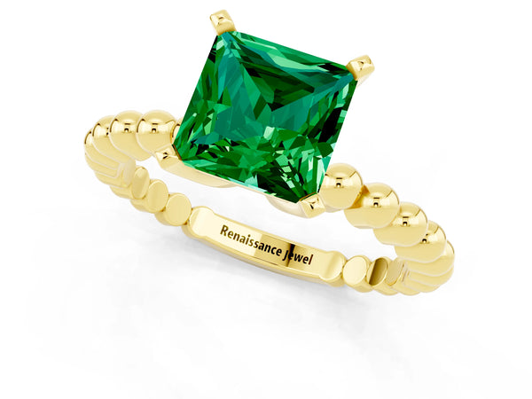 Yellow gold Princess Cut Emerald Solitaire Ring with Beaded Band and Prong Setting