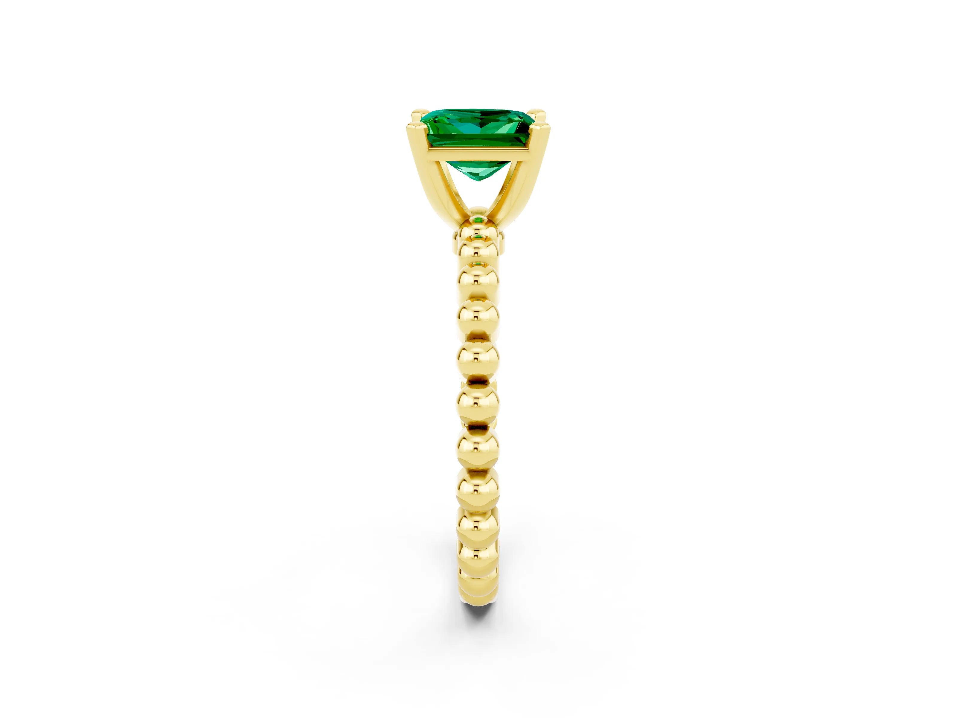 Yellow gold Princess Cut Emerald Solitaire Ring with Beaded Band and Prong Setting_2