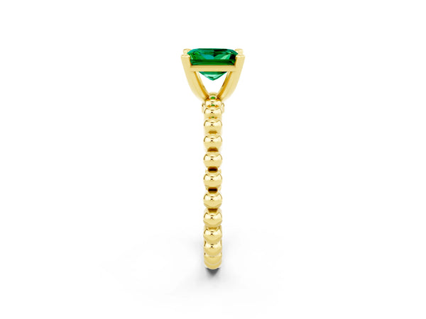 Yellow gold Princess Cut Emerald Solitaire Ring with Beaded Band and Prong Setting