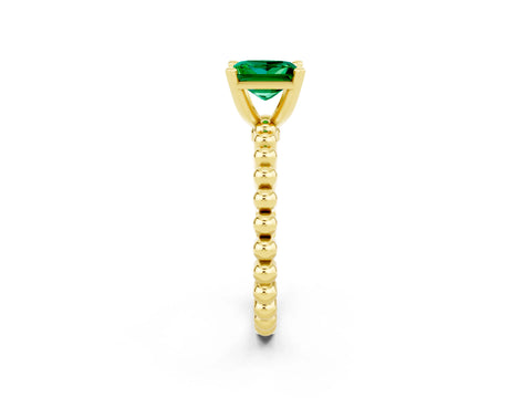 Yellow gold Princess Cut Emerald Solitaire Ring with Beaded Band and Prong Setting_2